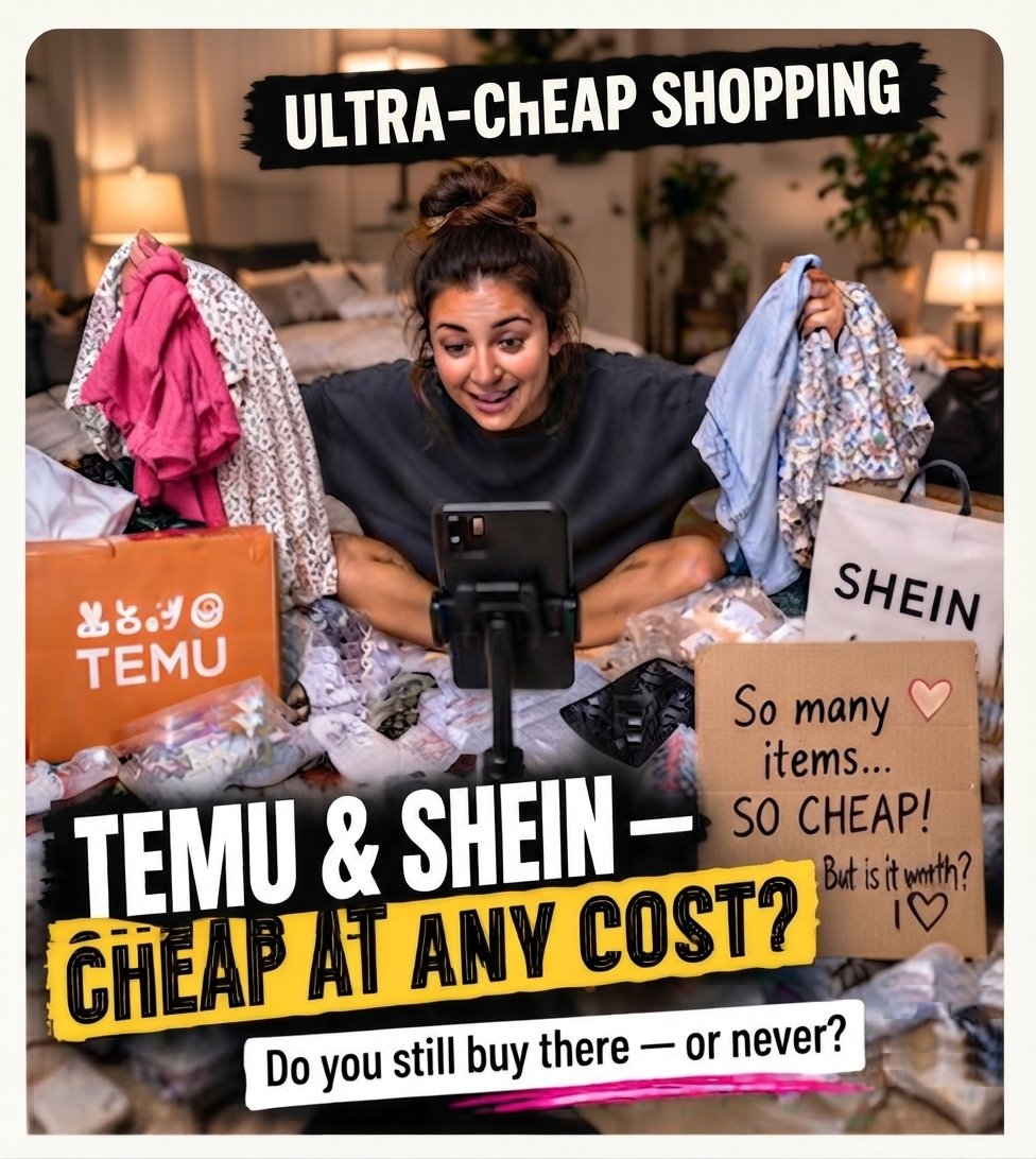 Person surrounded by piles of cheap clothing and parcels