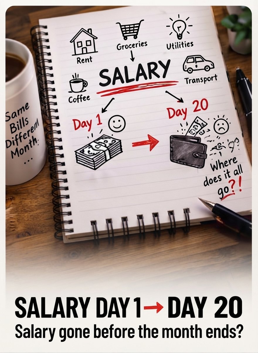 Hand-drawn notebook sketch of a salary shrinking through the month