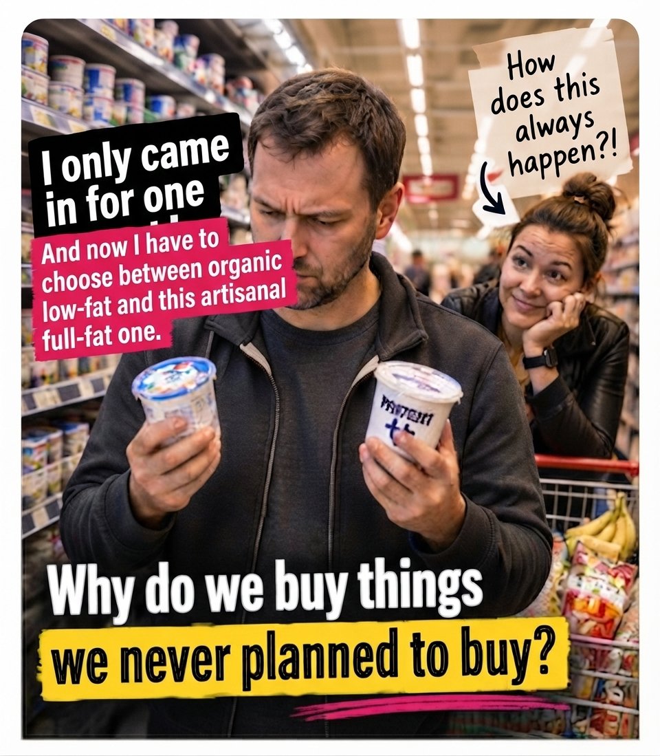 Confused shopper comparing two yogurt tubs in a supermarket aisle