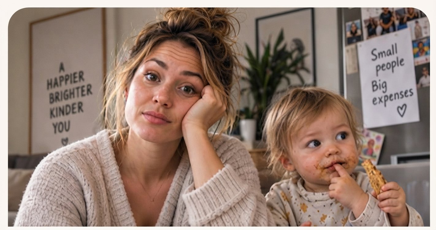 Tired parent resting their head on a hand while a toddler eats a snack